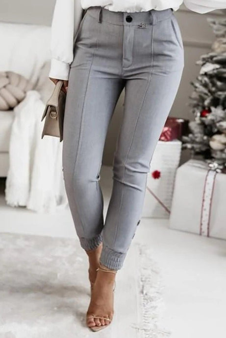 New Elegant High Waist Ribbed Flipped Long Pants - 