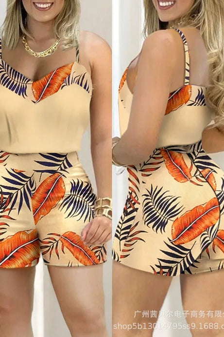 New Fashionable Printed Camisole V - Neck Sleeveless Top and Shorts Set - 