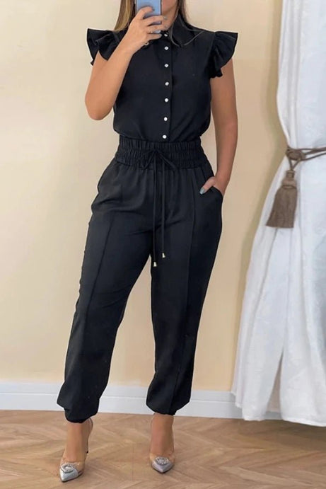 New Flutter Sleeve Front Button Blouse Drawstring Cuffed Pants Set - 