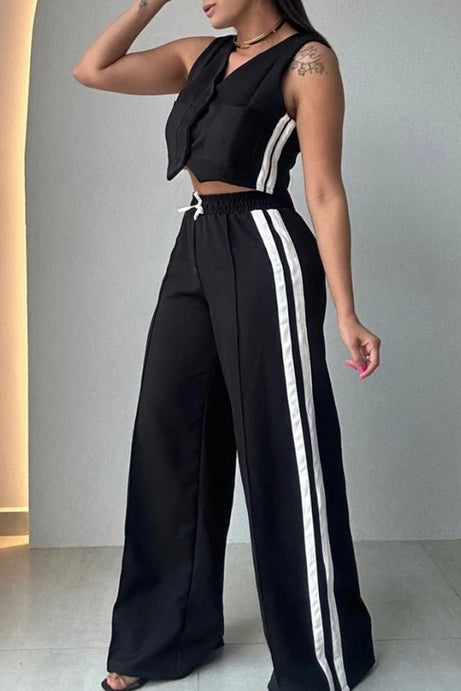 New Front Button Tank Drawstring Wide Leg Casual Pants Sets - 