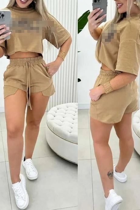 New Letter Print Cut Top and Pocket Design Shorts Set - 