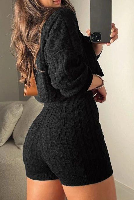 New Long Sleeve Cable Knit Crop Sweater High Waist Shorts Set - 