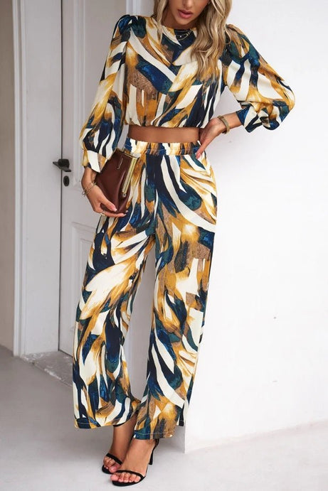 New Long Sleeved Top Wide Leg Pants Set - 