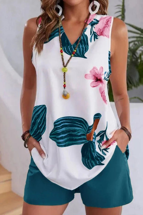 New Printed Casual Vacation Top and Shorts Set - 