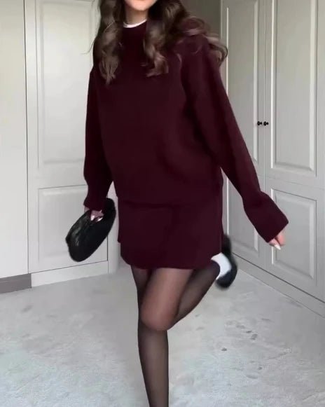 New Solid Color Casual Sweater Short Skirt Set - 