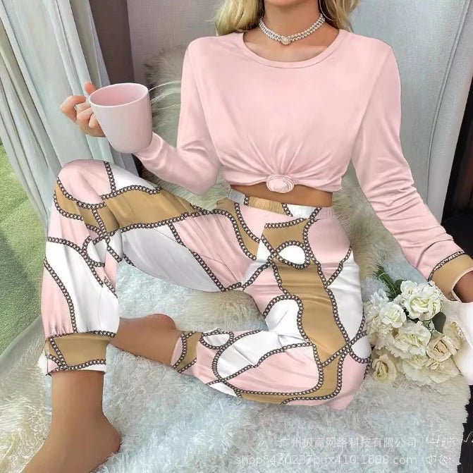 New Solid Color Long Sleeved Pajamas Printed Pants Set - 