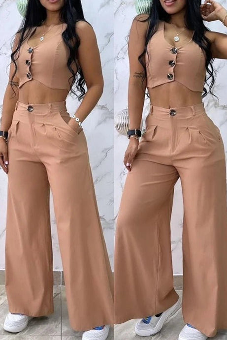 New Style Buttoned Vest Coat & Wide Leg Pants Set - 