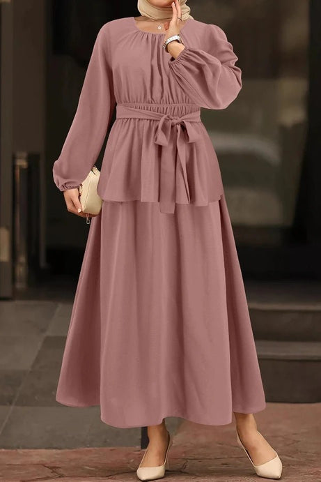 New Style Elegant Round Neck Lantern Long Sleeved Top Long Skirt Set - 