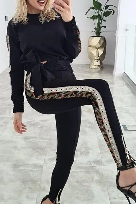 New Style Long Sleeve Top & Contrast Sequin Pants Set - 