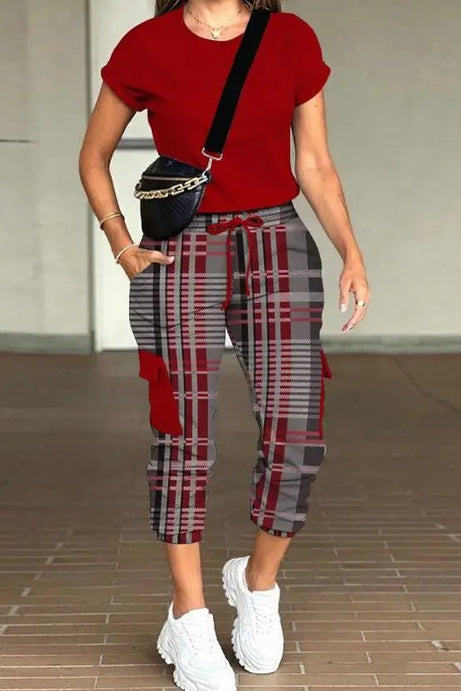 New Style Round Neck Top & Plaid Print Drawstring Pants Set - 