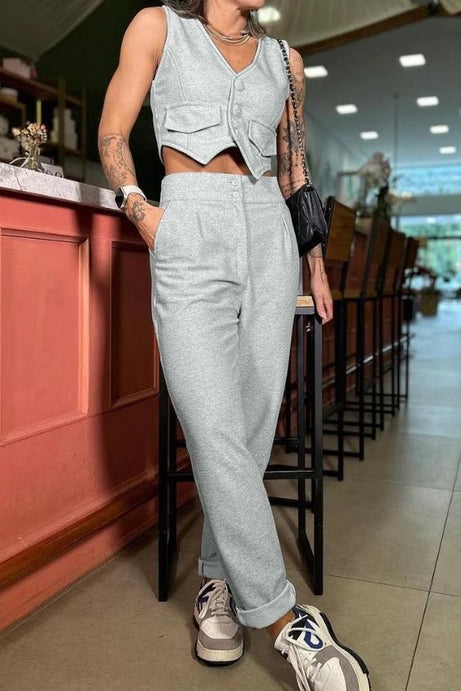 New Style V - Neck Buttoned Vest Top & Pants Set - 