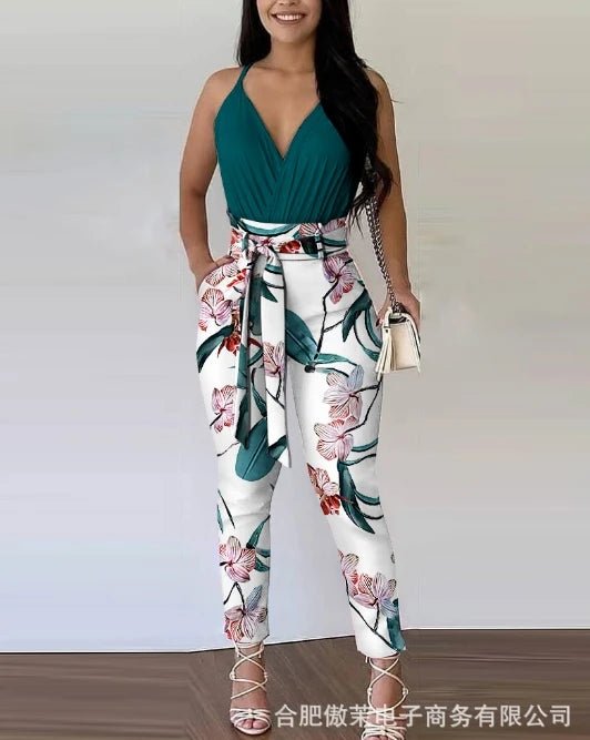 New V - Neck sleeveless Top and Flower Printed Lace Up Pants Set - 