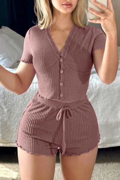 New Waffle Knit Lace Trim V - Neck Top Elastic Waist Short Lounge Set - 