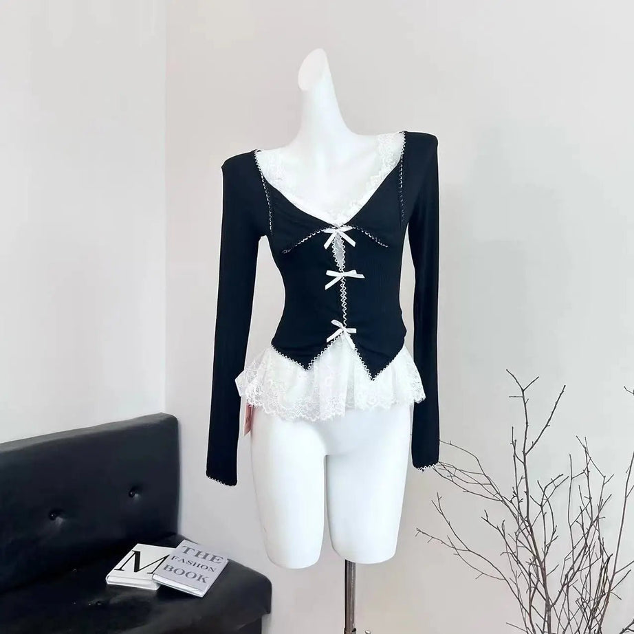 Noir Coquette Lace Bow Tie Blouse Black Shoptery