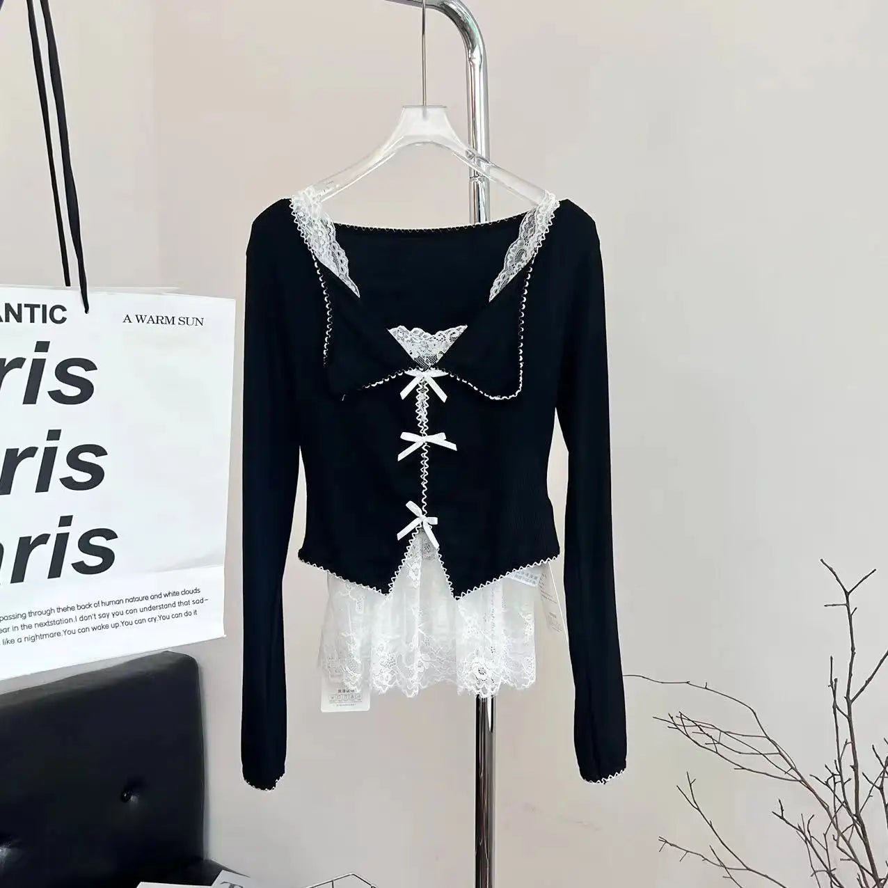 Noir Coquette Lace Bow Tie Blouse Shoptery