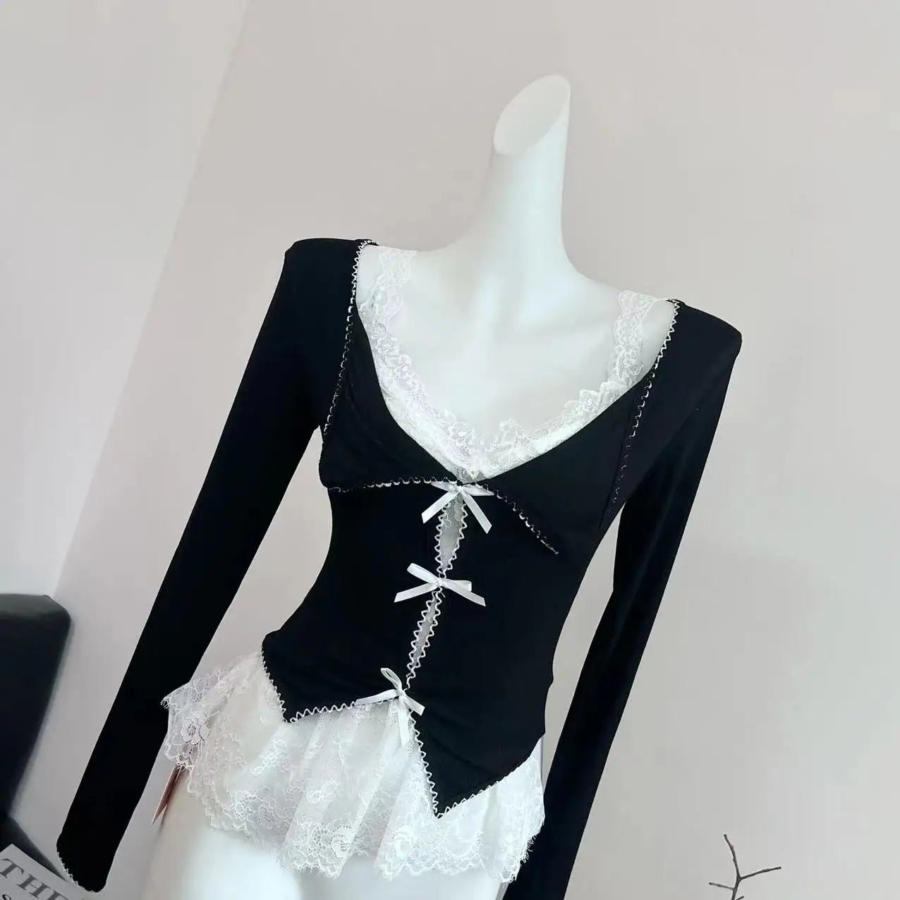 Noir Coquette Lace Bow Tie Blouse Shoptery