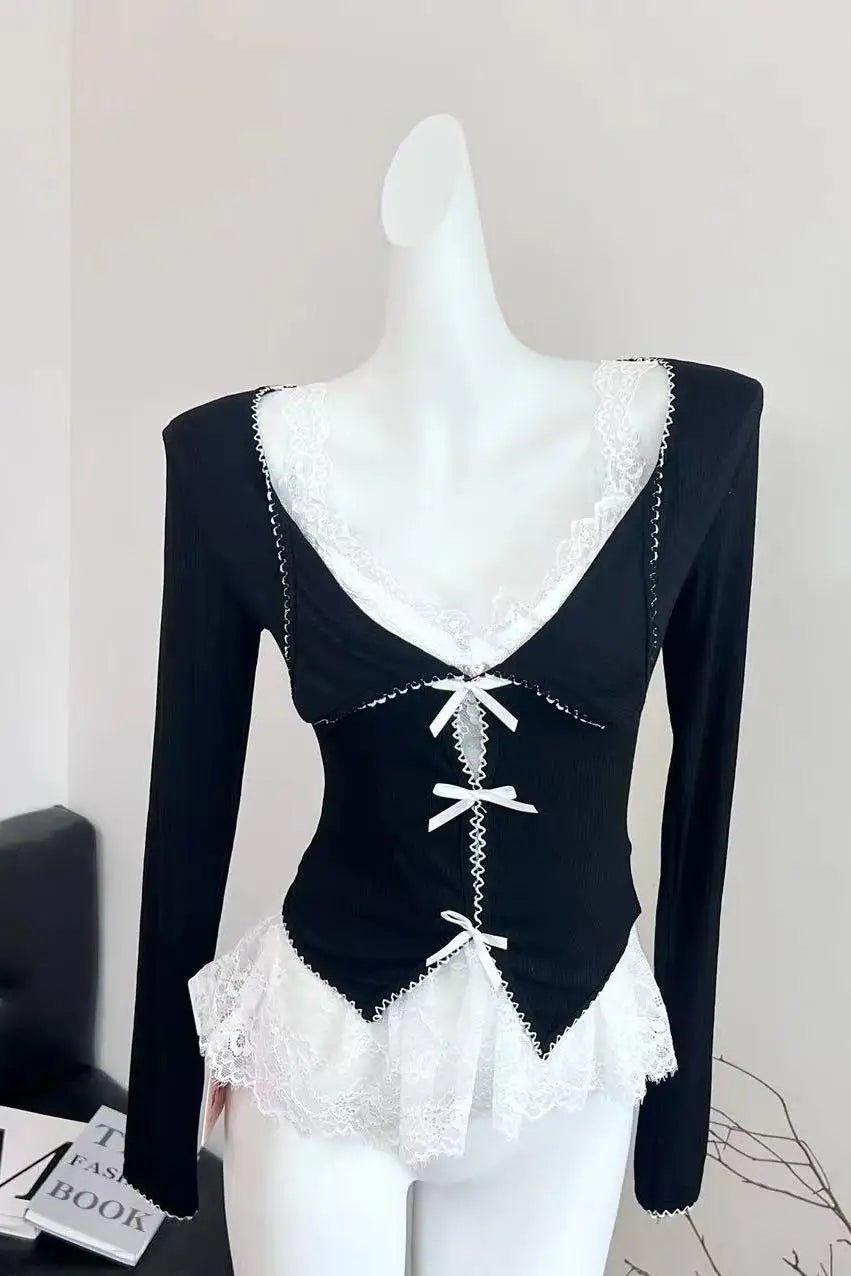 Noir Coquette Lace Bow Tie Blouse Shoptery