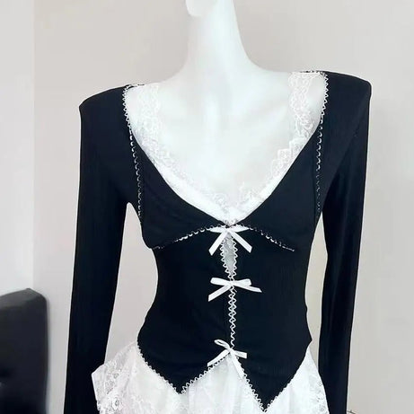 Noir Coquette Lace Bow Tie Blouse Shoptery