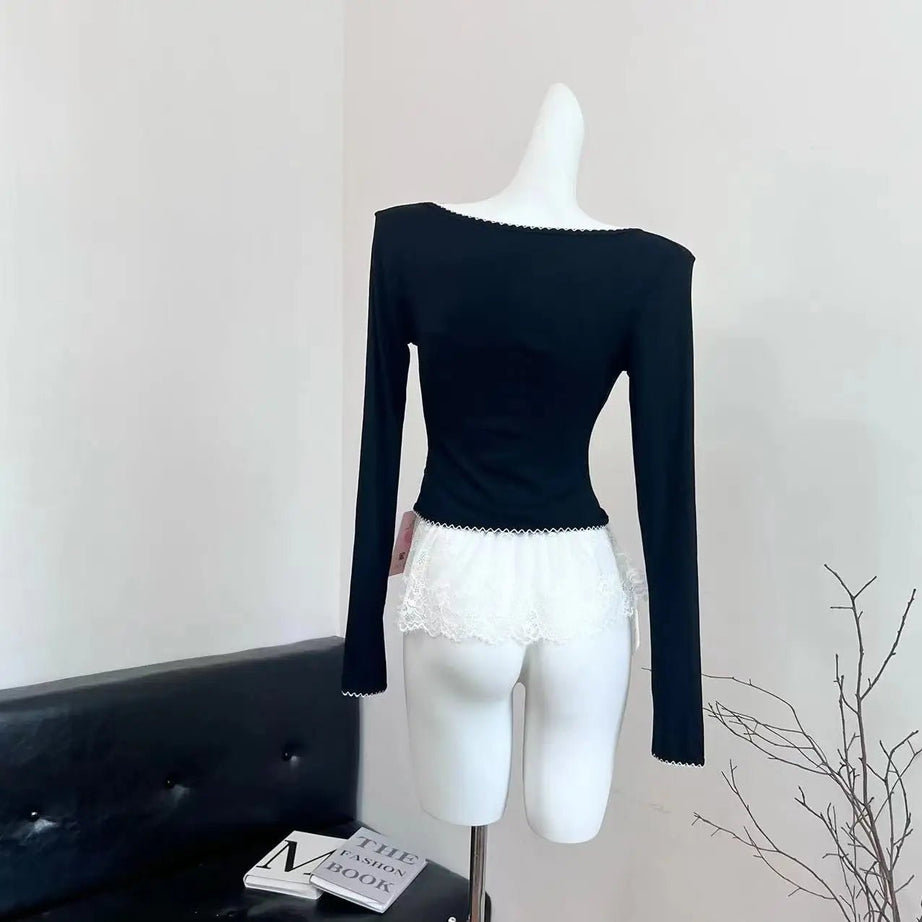 Noir Coquette Lace Bow Tie Blouse Shoptery