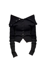Noir Off-Shoulder Aesthetic Button-Up Cardigan Black Shoptery