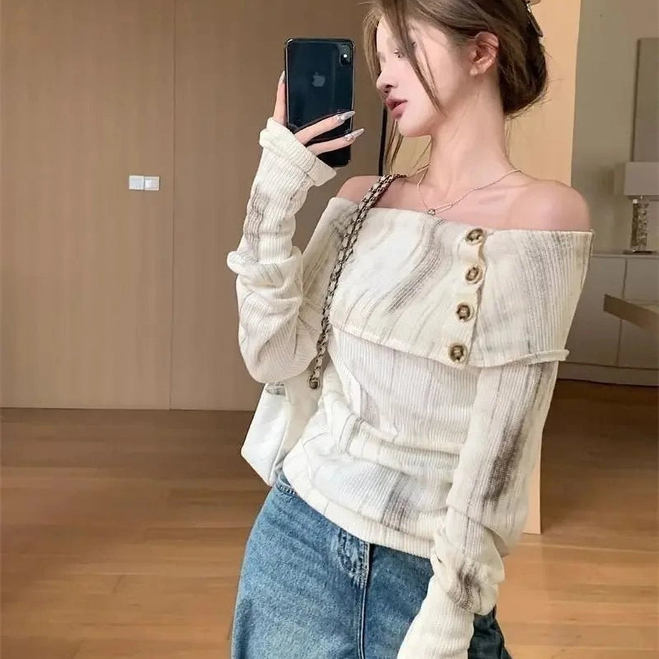 Acubi Style Off-Shoulder Buttoned Knit Top Shoptery