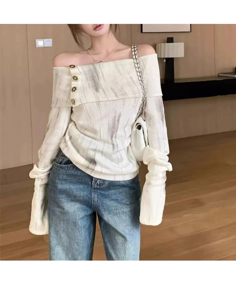 Off - Shoulder Buttoned Knit Top - Shirts & Tops