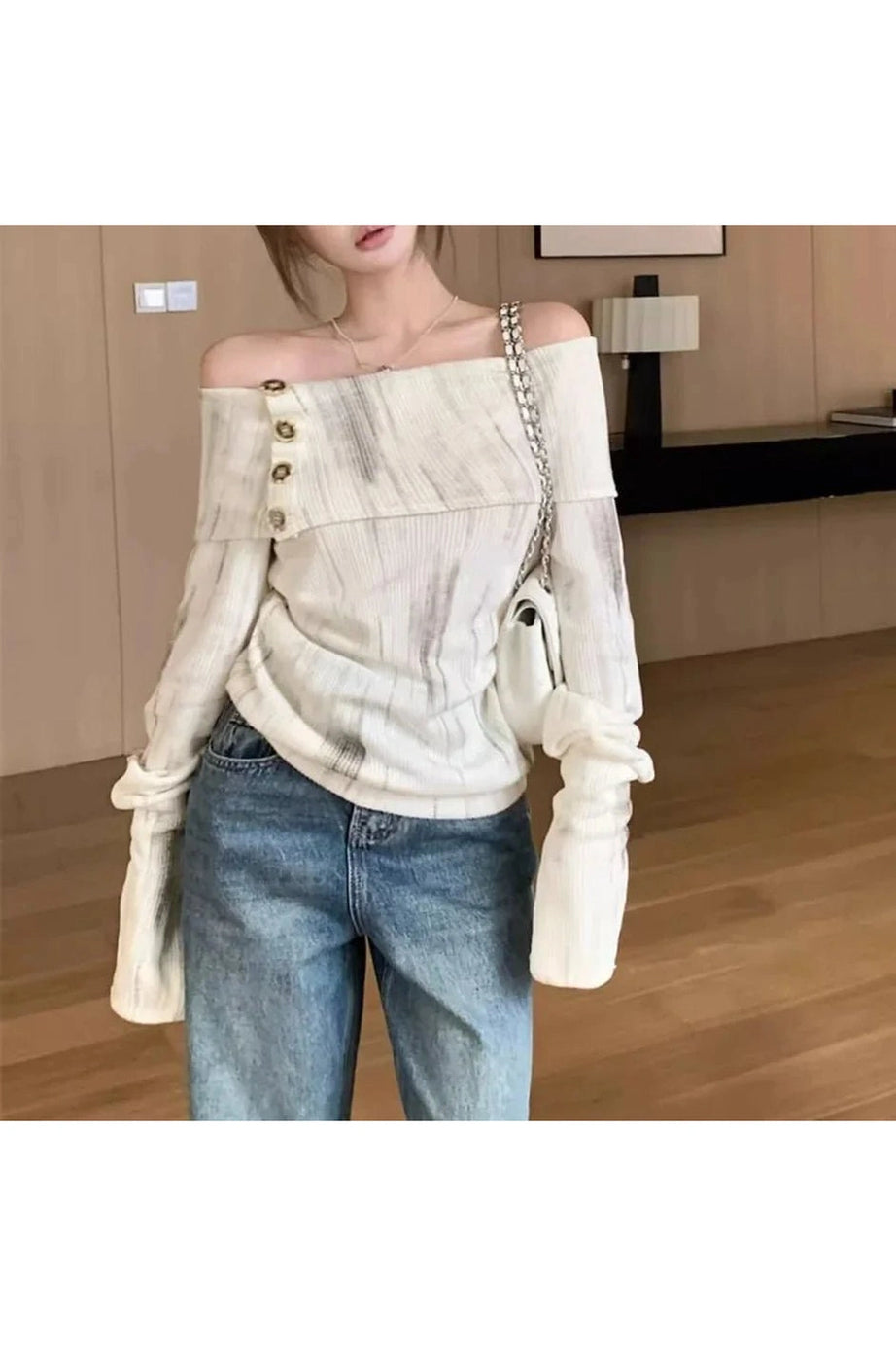 Off - Shoulder Buttoned Knit Top - Shirts & Tops