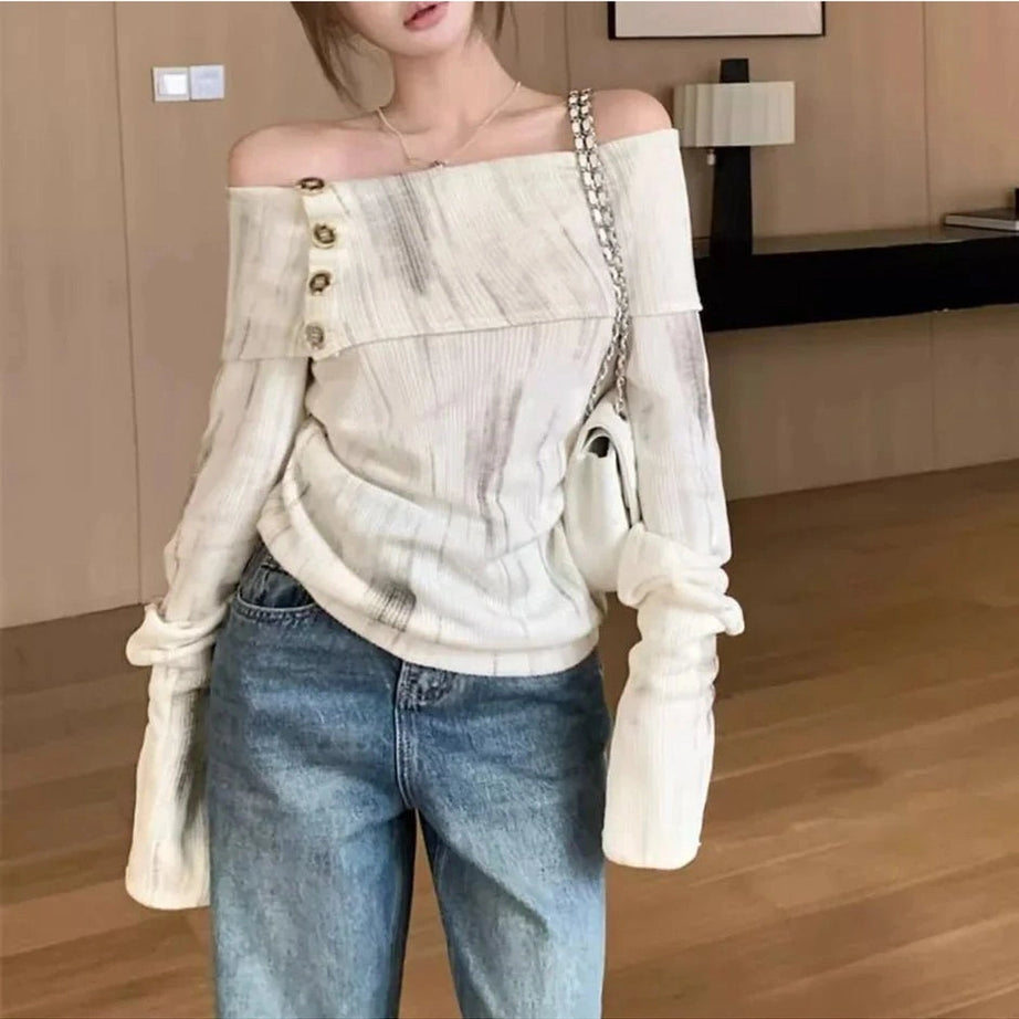 Acubi Style Off-Shoulder Buttoned Knit Top Shoptery
