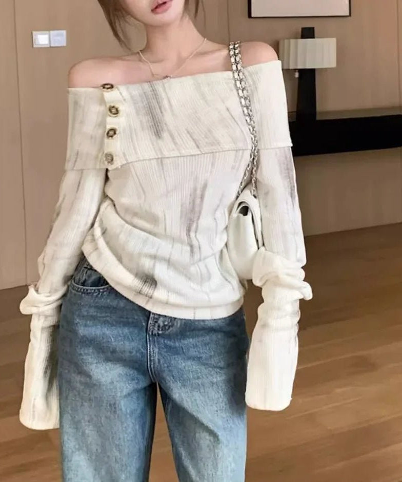 Off - Shoulder Buttoned Knit Top - Shirts & Tops