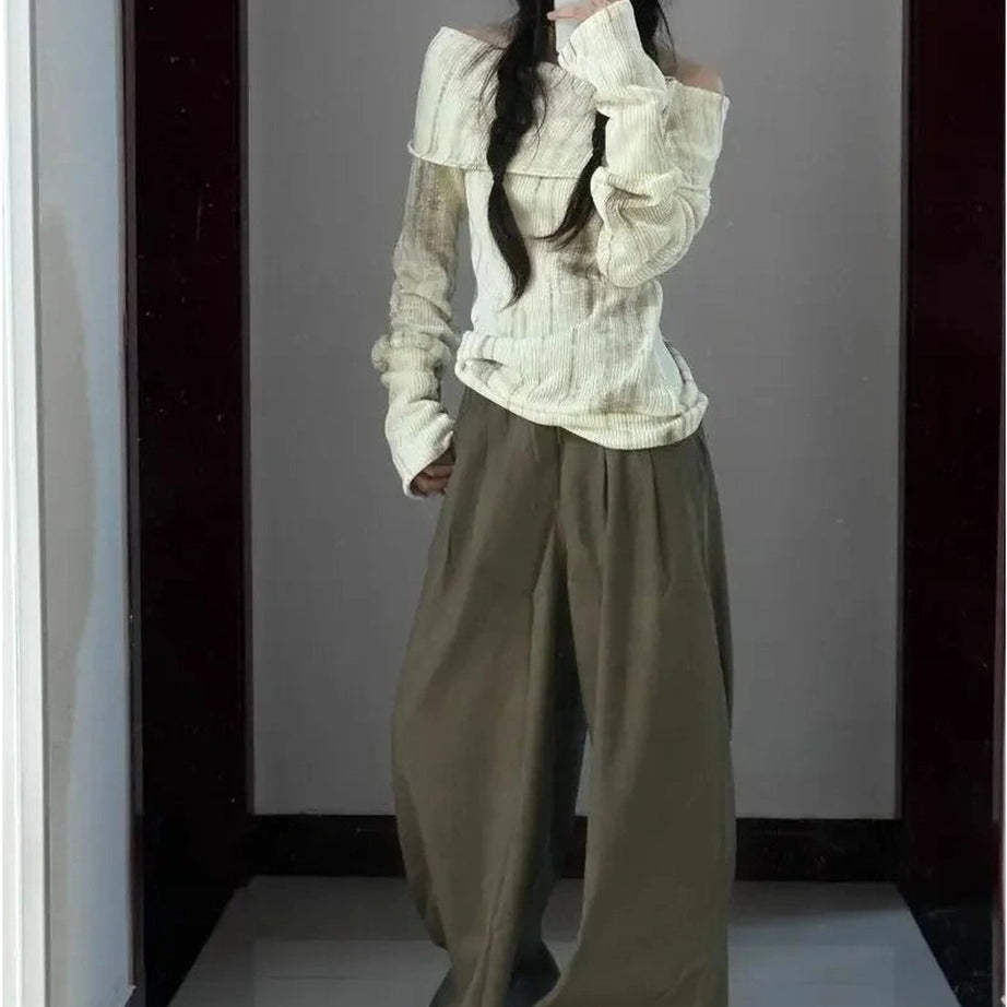 Acubi Style Off-Shoulder Buttoned Knit Top Shoptery