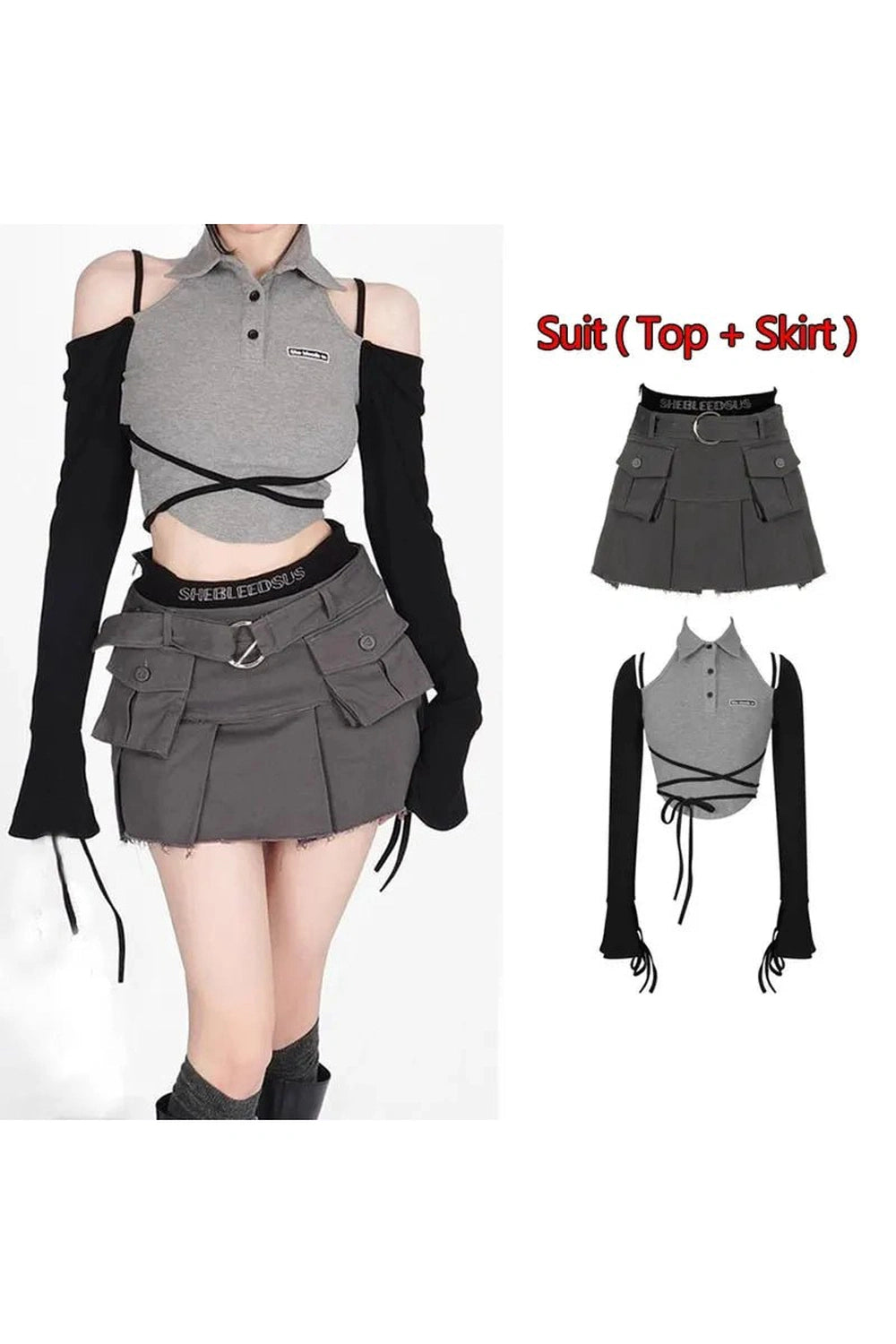 Off-Shoulder Y2k Denim Outfit Set Suit(Top Skirt) Shoptery