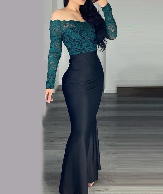 One Shoulder Long Sleeved Lace Tight Fitting Suit Long Half Skirt Set - 