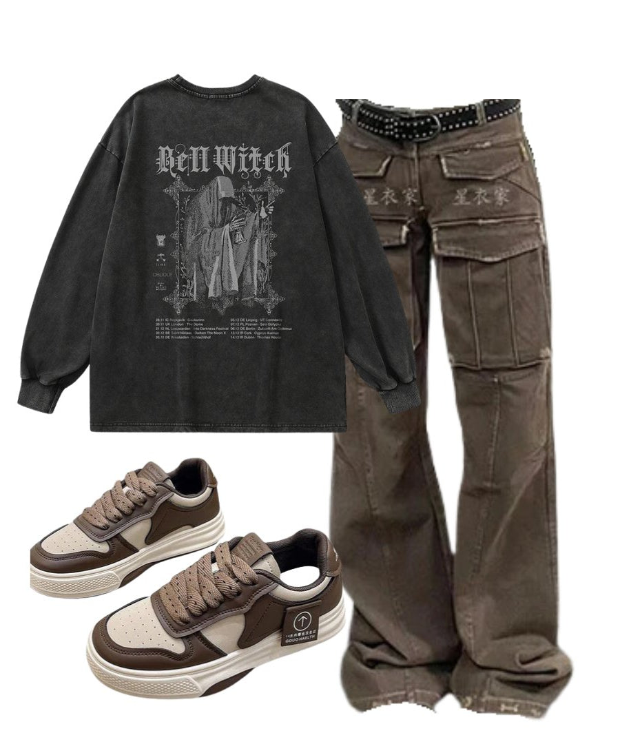 Outfit: Arctic Edge Cargo Pants+Bell Witch Gothic Long Sleeve Top+Muffin Thick Bottom Sports Shoes - Outfit