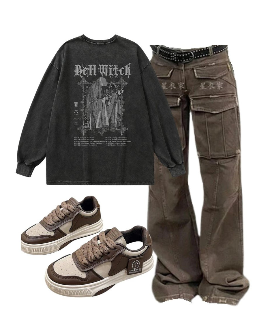 Outfit: Arctic Edge Cargo Pants+Bell Witch Gothic Long Sleeve Top+Muffin Thick Bottom Sports Shoes - Outfit