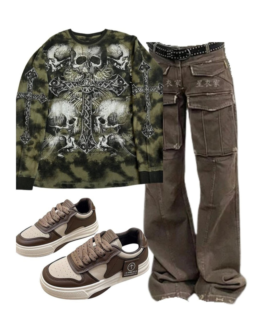 Outfit: Arctic Edge Cargo Pants+Gothic Cross and Skull Print Long Sleeve+Muffin Thick Bottom Sports Shoes - Outfit