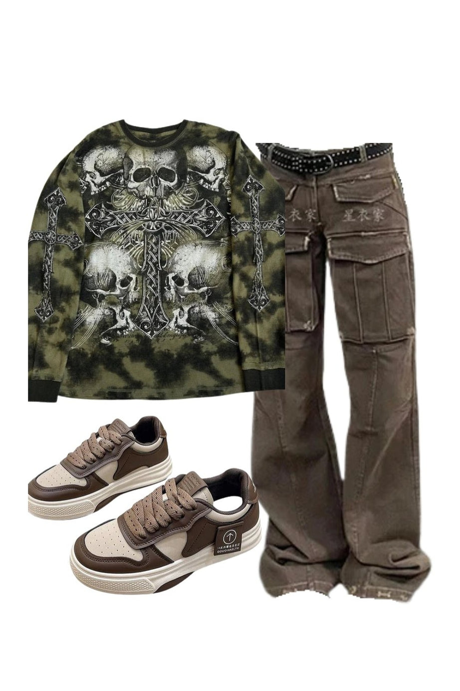 Outfit: Arctic Edge Cargo Pants+Gothic Cross and Skull Print Long Sleeve+Muffin Thick Bottom Sports Shoes - Outfit