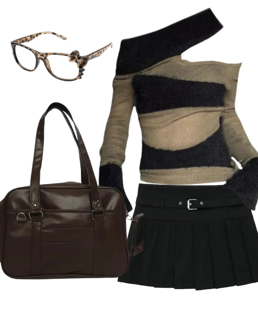 Outfit: Autumn Chic Short Zipper Skirt+Edgy Eclipse Asymmetrical Top+Japanese Style High School Shoulder Bag+Glasses - Outfit