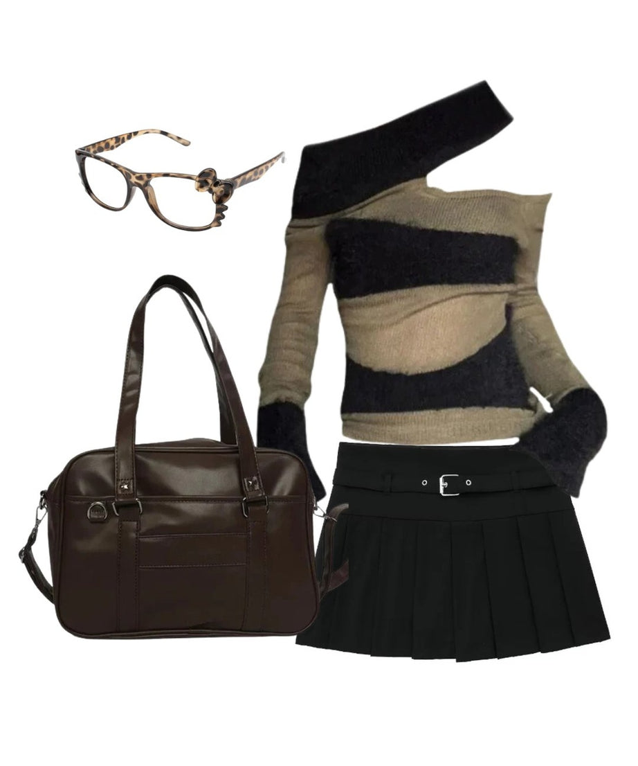 Outfit: Autumn Chic Short Zipper Skirt+Edgy Eclipse Asymmetrical Top+Japanese Style High School Shoulder Bag+Glasses - Outfit