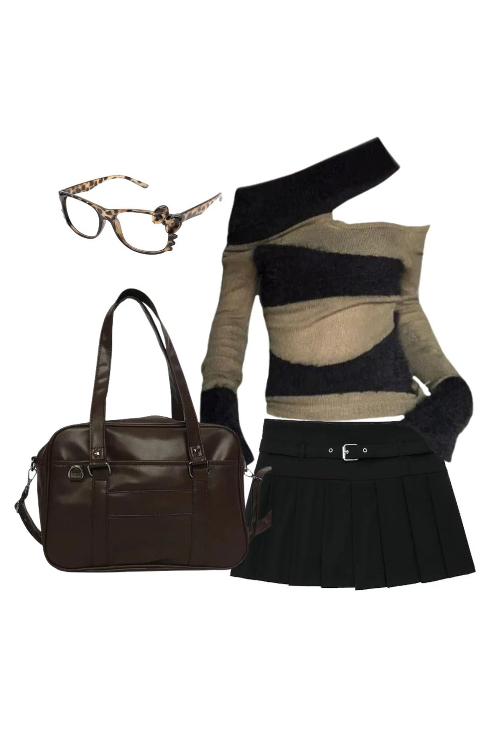 Outfit: Autumn Chic Short Zipper Skirt+Edgy Eclipse Asymmetrical Top+Japanese Style High School Shoulder Bag+Glasses Shoptery