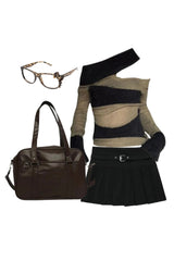 Outfit: Autumn Chic Short Zipper Skirt+Edgy Eclipse Asymmetrical Top+Japanese Style High School Shoulder Bag+Glasses Shoptery