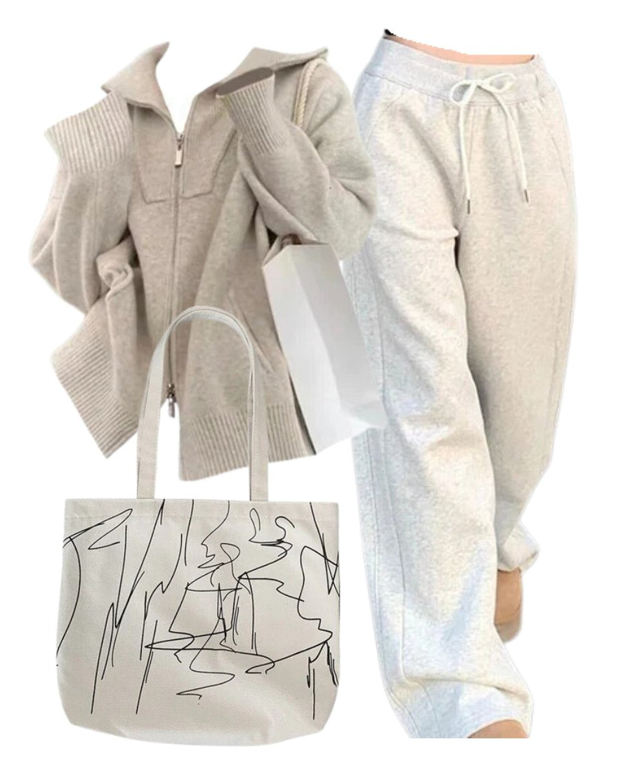 Outfit: Cozy Neutral Zip - Up Sweater+Vintage Gray Jogging Pants+Artsy Minimalism Shopping Bag - Outfit