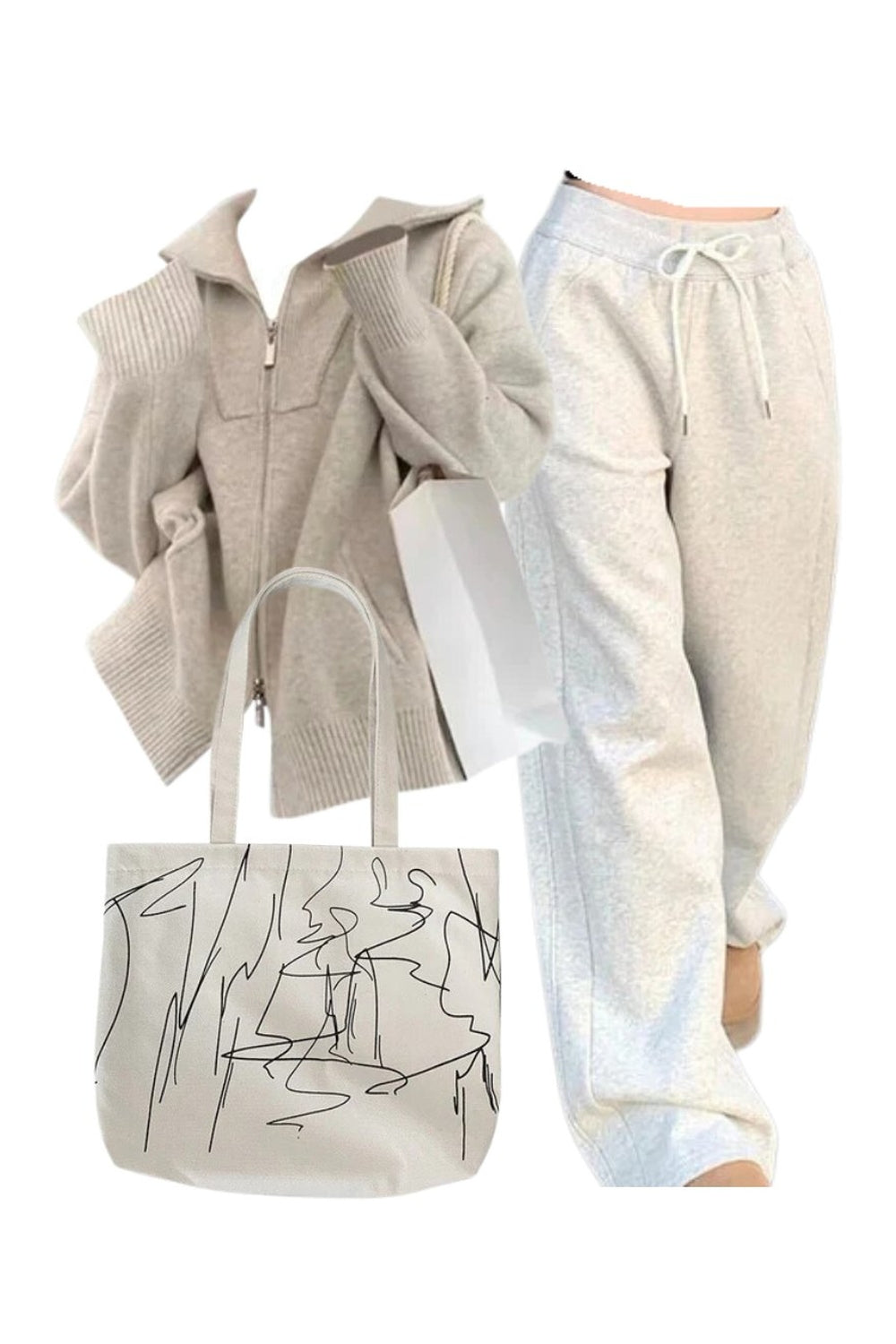 Outfit: Cozy Neutral Zip - Up Sweater+Vintage Gray Jogging Pants+Artsy Minimalism Shopping Bag - Outfit