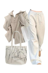 Outfit: Cozy Neutral Zip-Up Sweater+Retro Gray Jogging Pants+Artsy Minimalism Shopping Bag Default Title Shoptery