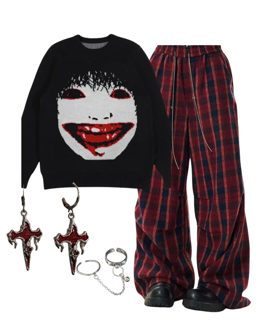 Outfit: Creepy Smile Knit Sweater+Classic Plaid Baggy Lounge Pants+Accessories - 