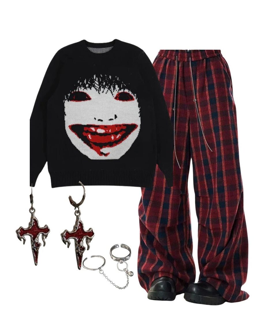 Outfit: Creepy Smile Knit Sweater+Classic Plaid Baggy Lounge Pants+Accessories - 