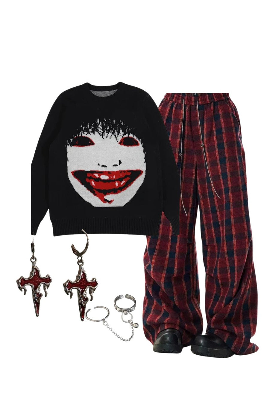 Outfit: Creepy Smile Knit Sweater+Classic Plaid Baggy Lounge Pants+Accessories - 