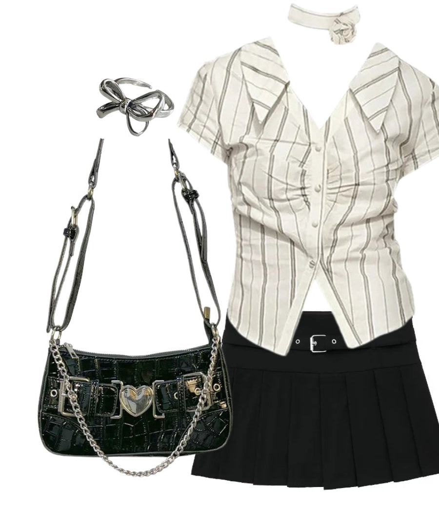 Outfit: Elegant Stripe Office Blouse+Autumn Chic Short Zipper Skirt+Chain Crossbody Underarm Bag+Ring - Outfit