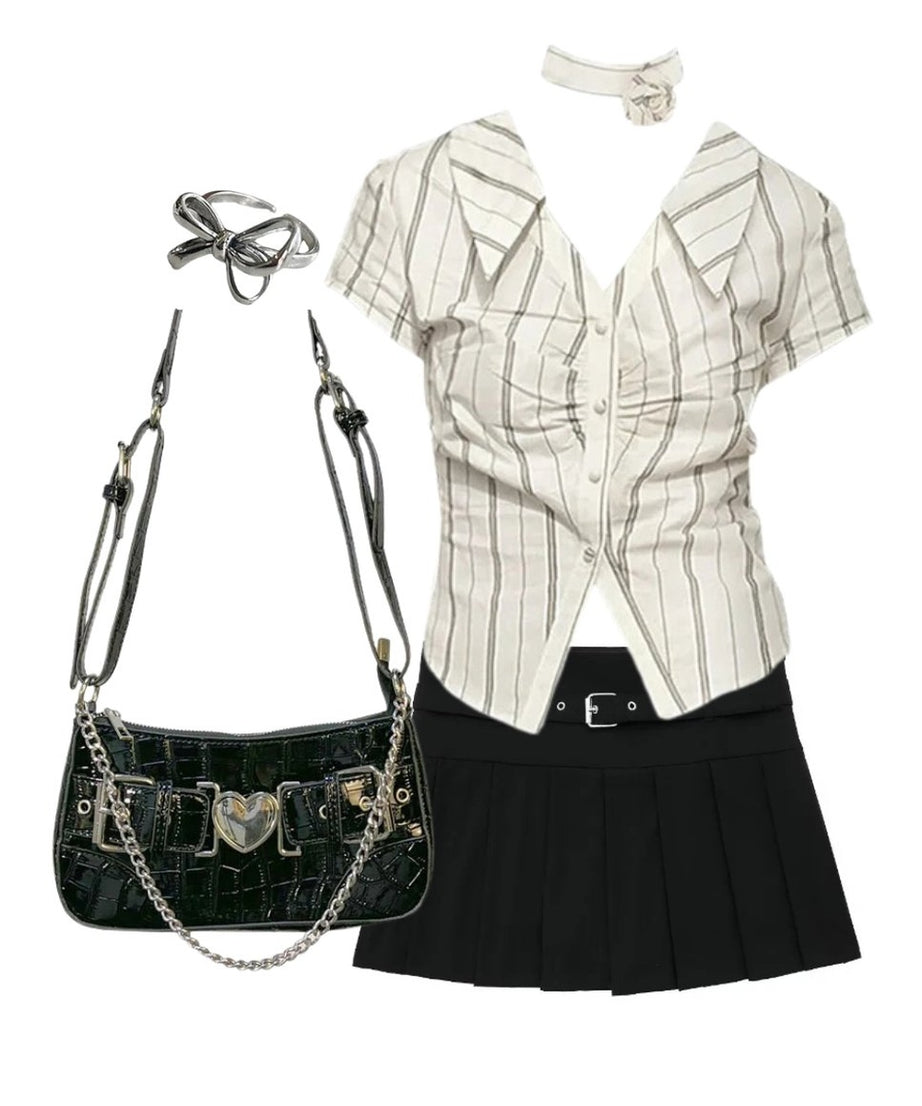 Outfit: Elegant Stripe Office Blouse+Autumn Chic Short Zipper Skirt+Chain Crossbody Underarm Bag+Ring - Outfit