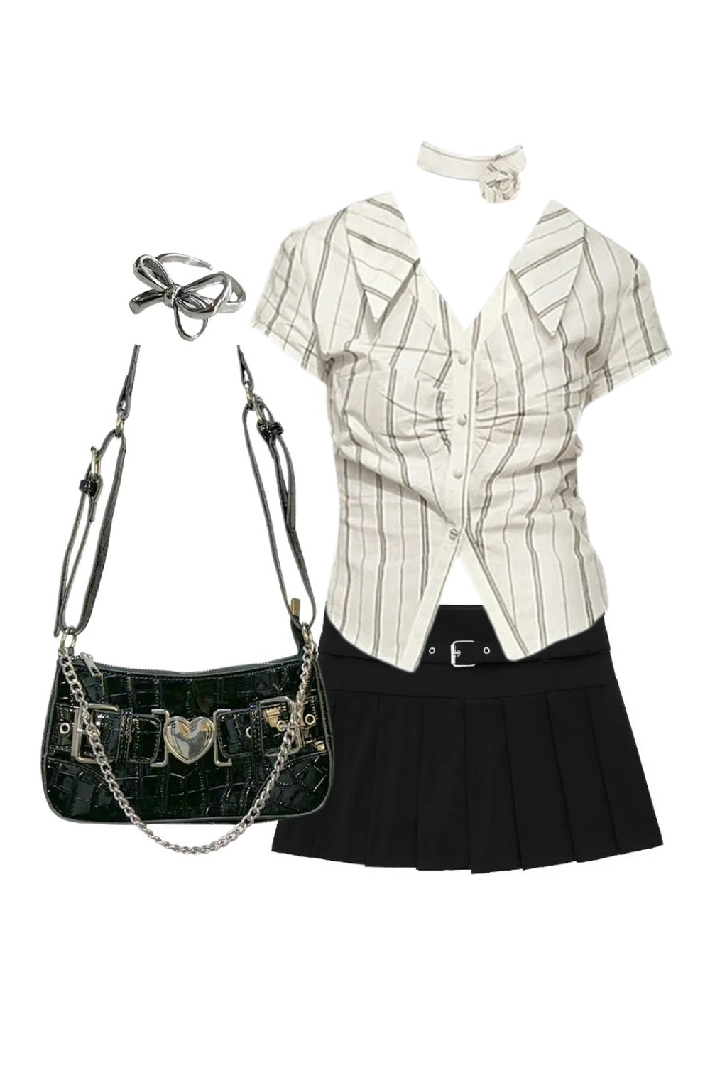 Outfit: Elegant Stripe Office Blouse+Autumn Chic Short Zipper Skirt+Chain Crossbody Underarm Bag+Ring - Outfit