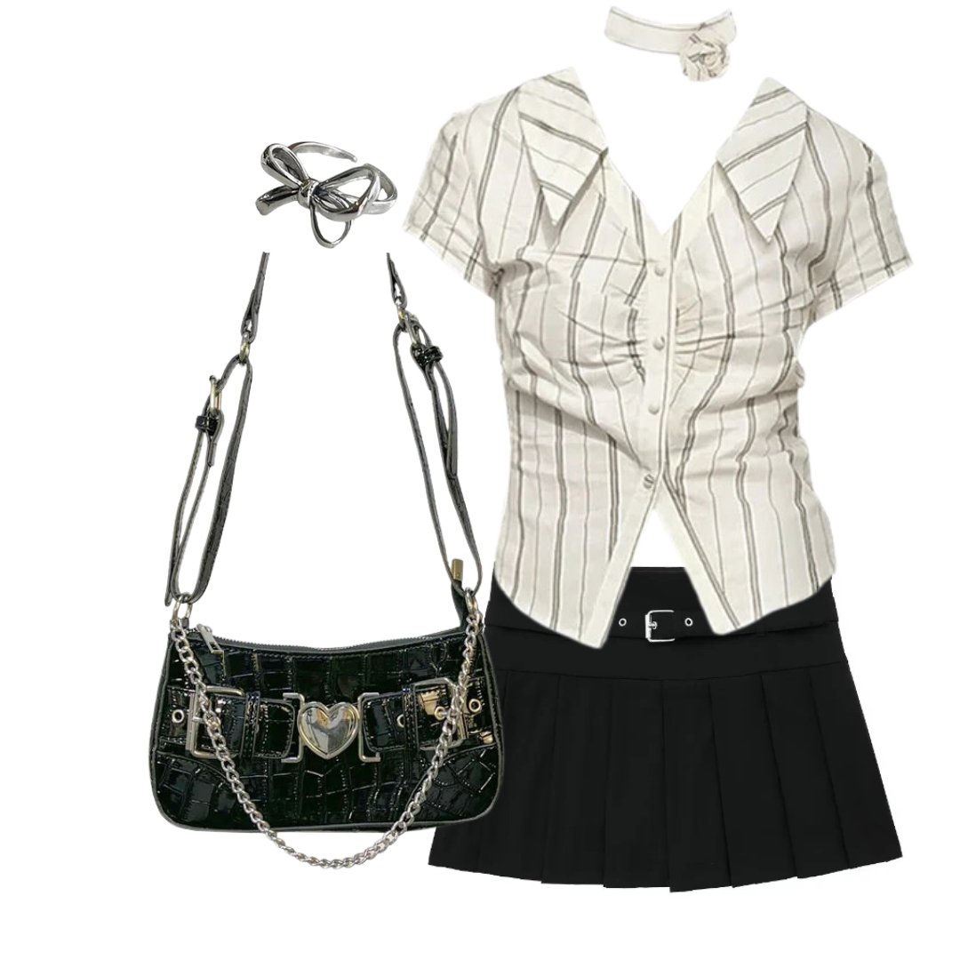 Outfit: Elegant Stripe Office Blouse+Autumn Chic Short Zipper Skirt+Chain Crossbody Underarm Bag+Ring - Outfit